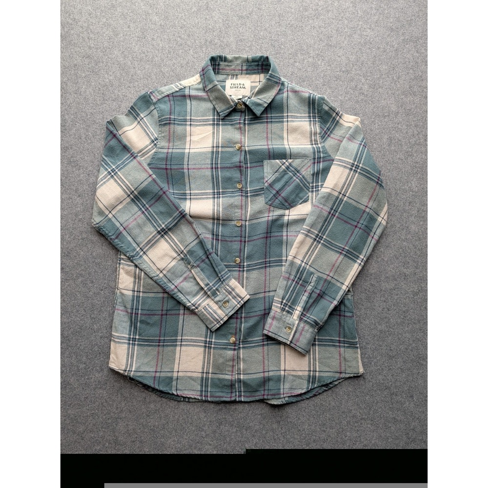 Field & Stream Women Flannel Shirt L Green Plaid Lightweight Outdoor Button Down